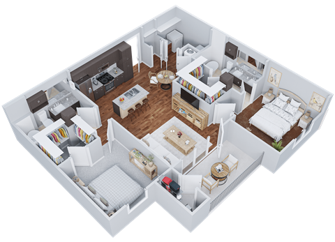 Floor plan for 2 beds, 2 baths, 997 sqft